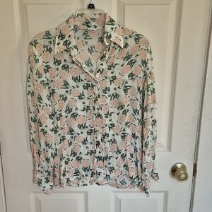 Silk Button Front Charlie Chaplin Print Vintage 1970s Blouse